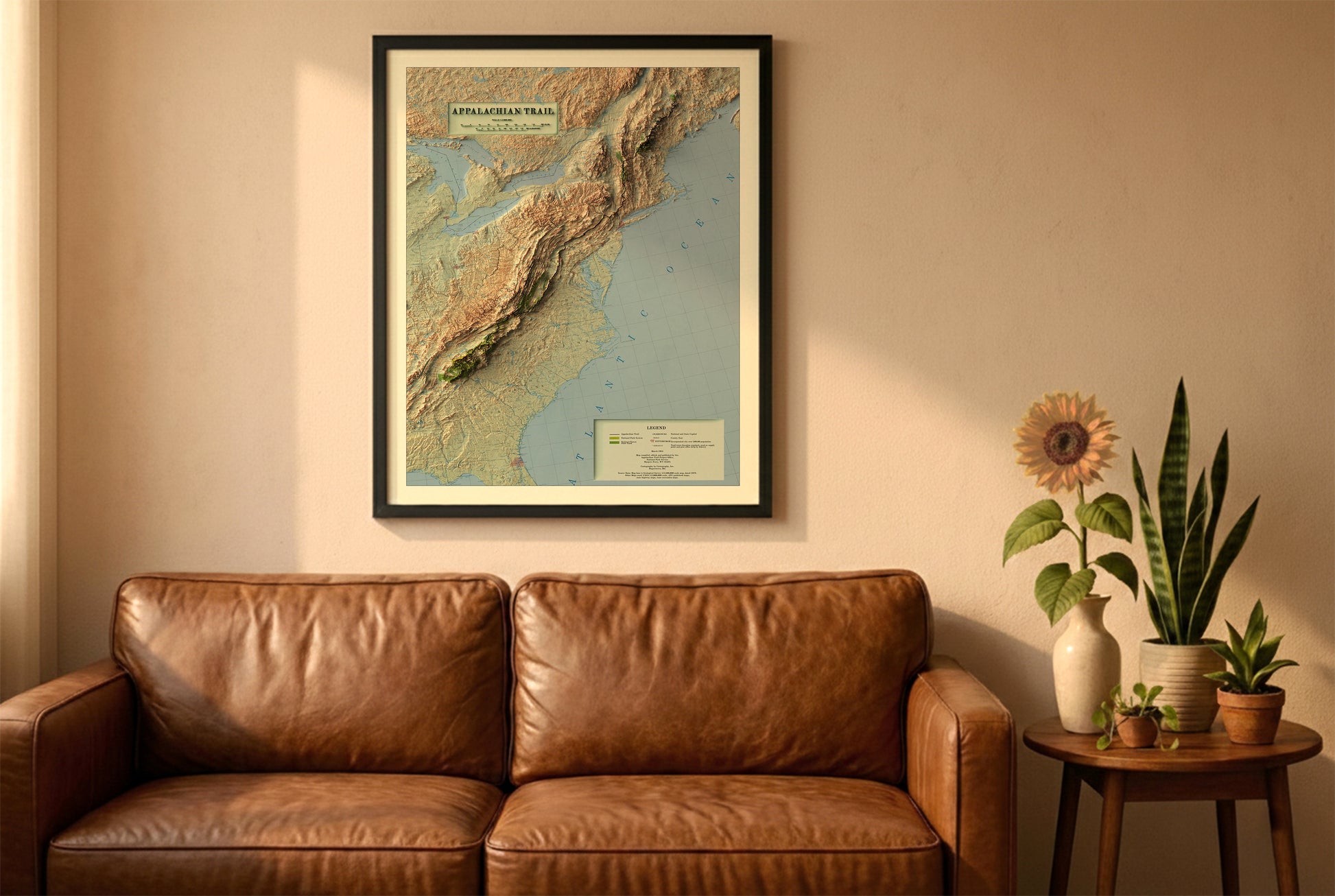Appalachian Trail vintage relief map in a black frame above a brown leather sofa. Boho living room with warm sunlight, sunflower, and indoor plants on a wooden side table