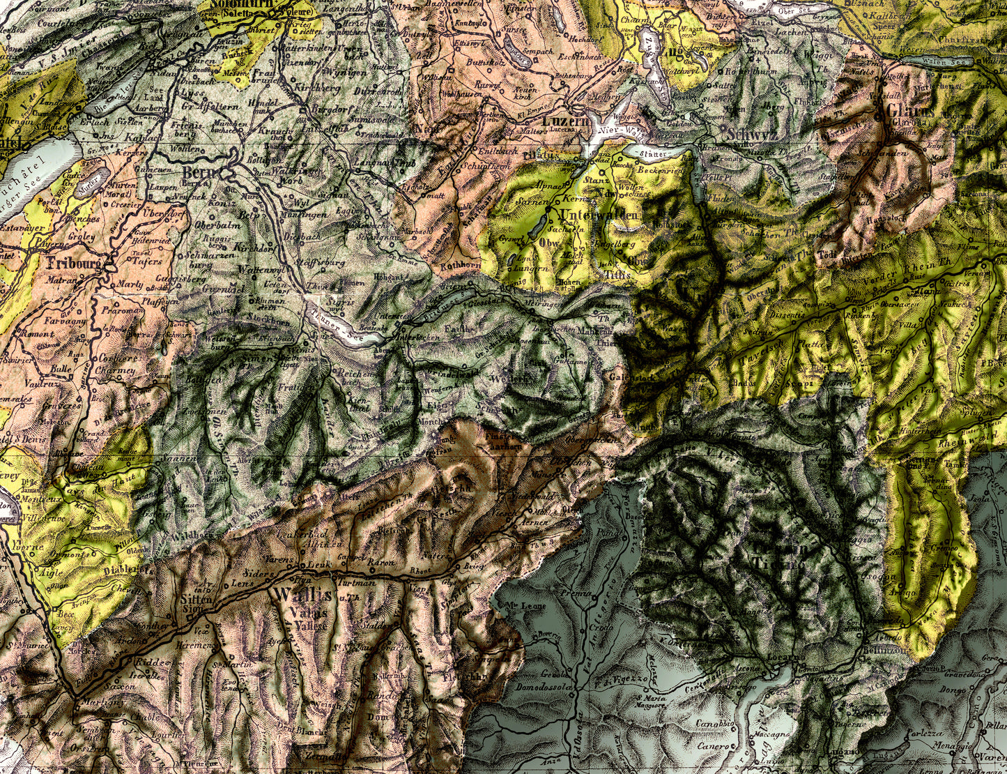 Detailed close-up of a Sweitzerland relief map, showcasing textured topography and geographic contours