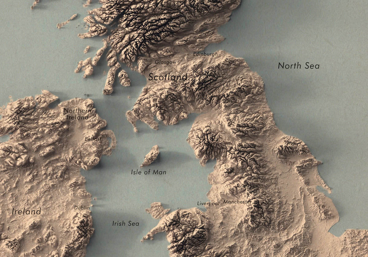 UK and Ireland Labeled Ocean Relief Map | Countries, Capitals, Oceans & Islands | British Islands Minimalist Map