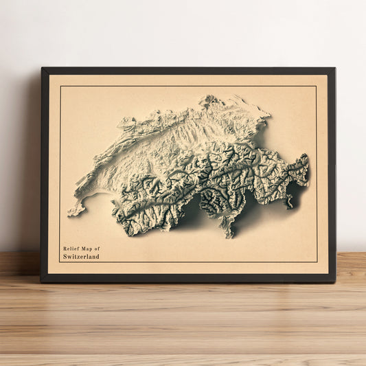 Switzerland vintage framed shaded relief map in black frame. Artistic print highlighting mountains with a realistic terrain effect