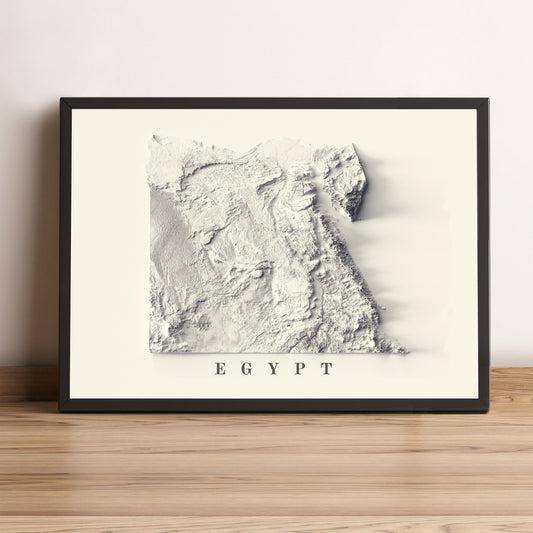 Egypt framed shaded relief map in black frame. Artistic print highlighting mountains with a realistic terrain effect
