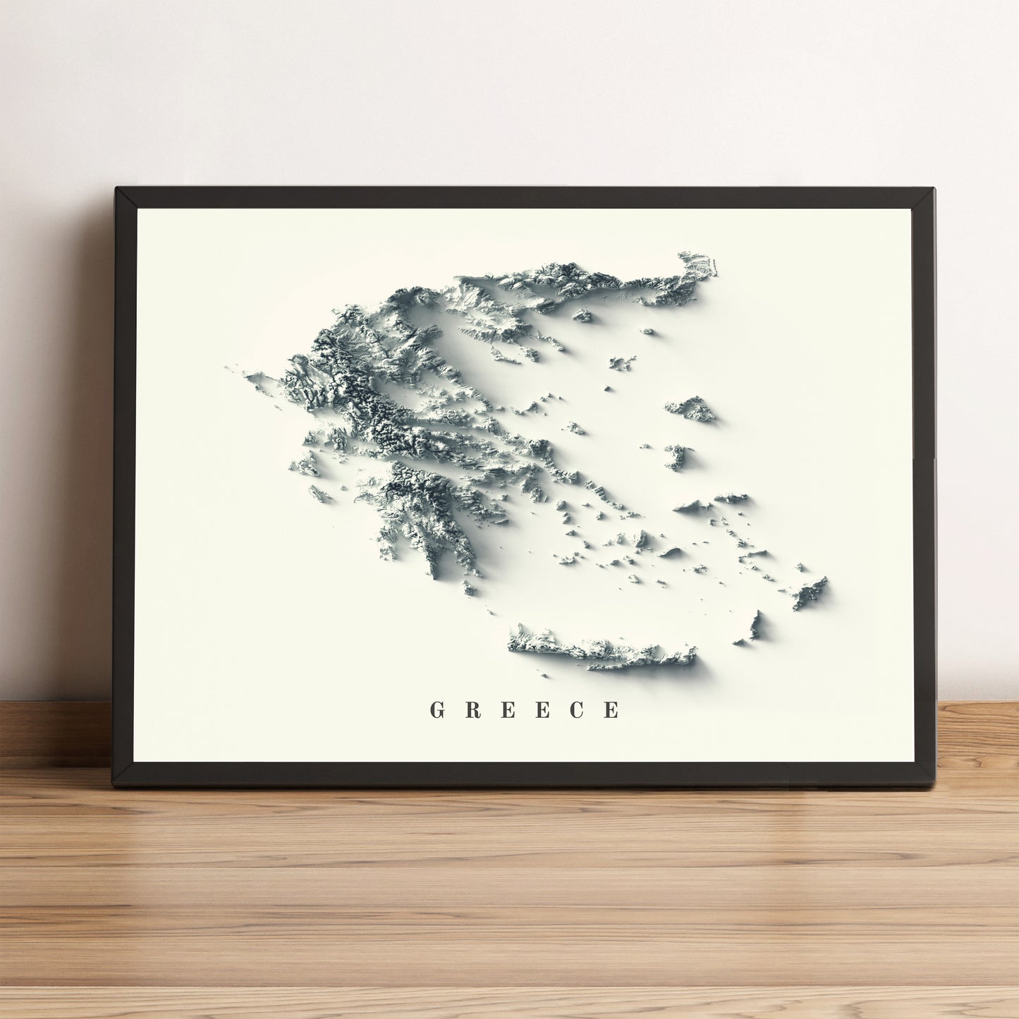 Greece framed shaded relief map in black frame. Artistic print highlighting mountains with a realistic terrain effect