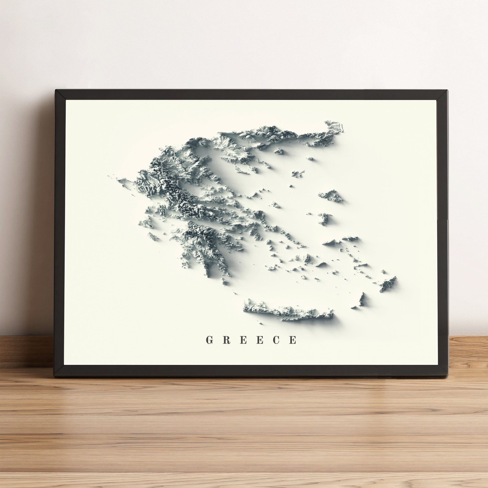 Greece framed shaded relief map in black frame. Artistic print highlighting mountains with a realistic terrain effect