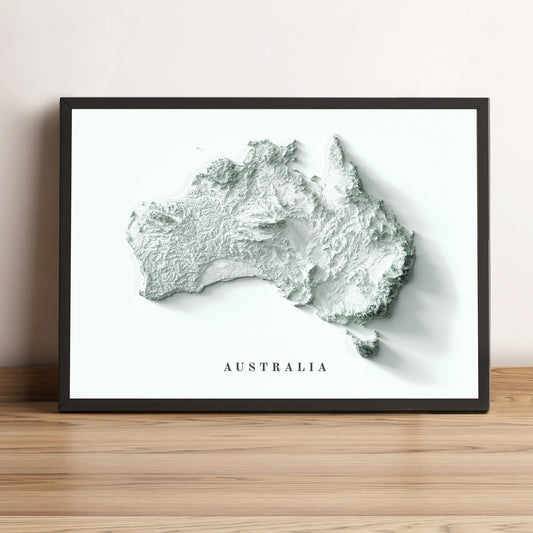 Australia minimalist framed shaded relief map in black frame. Artistic print highlighting mountains with a realistic terrain effect