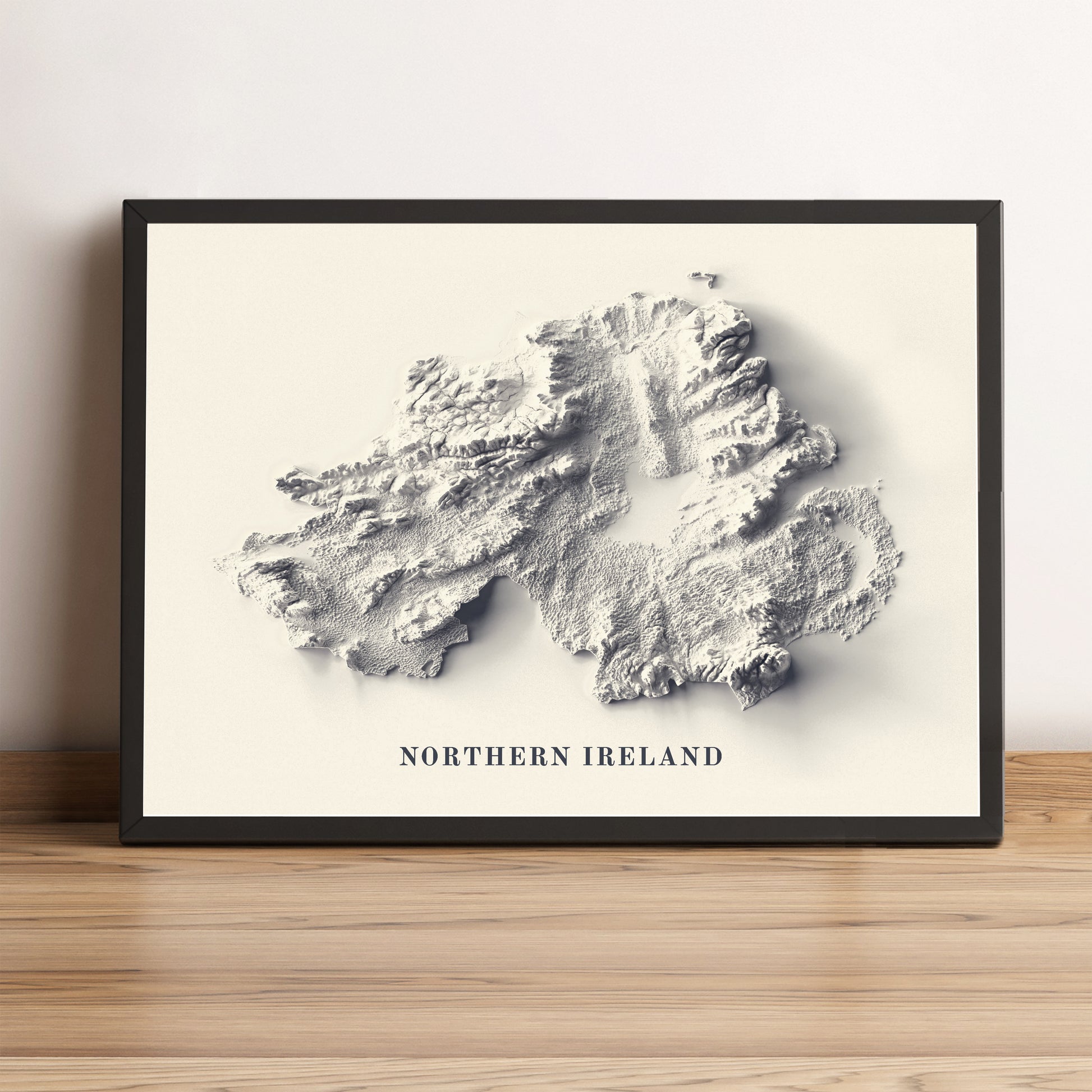 northern ireland framed shaded relief map in black frame. Artistic print highlighting mountains with a realistic terrain effect