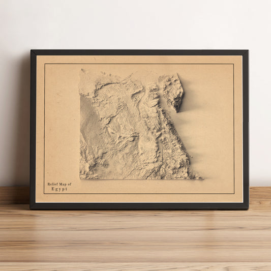 Egypt vintage framed shaded relief map in black frame. Artistic print highlighting mountains with a realistic terrain effect