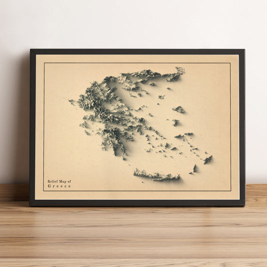 Greece vintage framed shaded relief map in black frame. Artistic print highlighting mountains with a realistic terrain effect