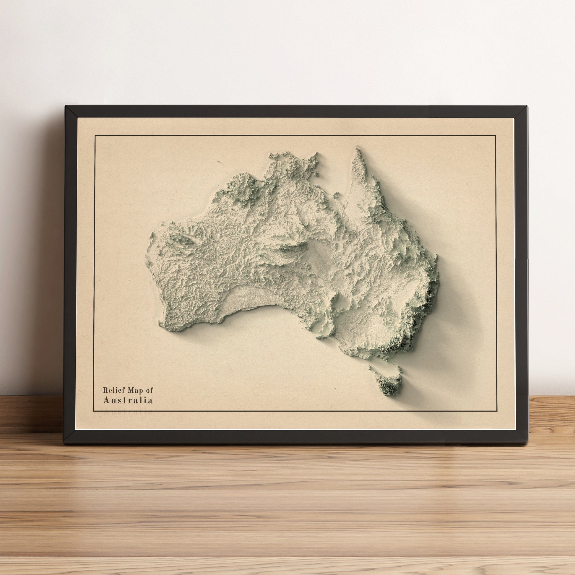 Australia minimalist framed shaded relief map in black frame. Artistic print highlighting mountains with a realistic terrain effect