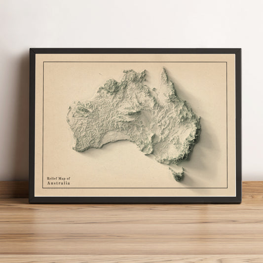 Australia minimalist framed shaded relief map in black frame. Artistic print highlighting mountains with a realistic terrain effect