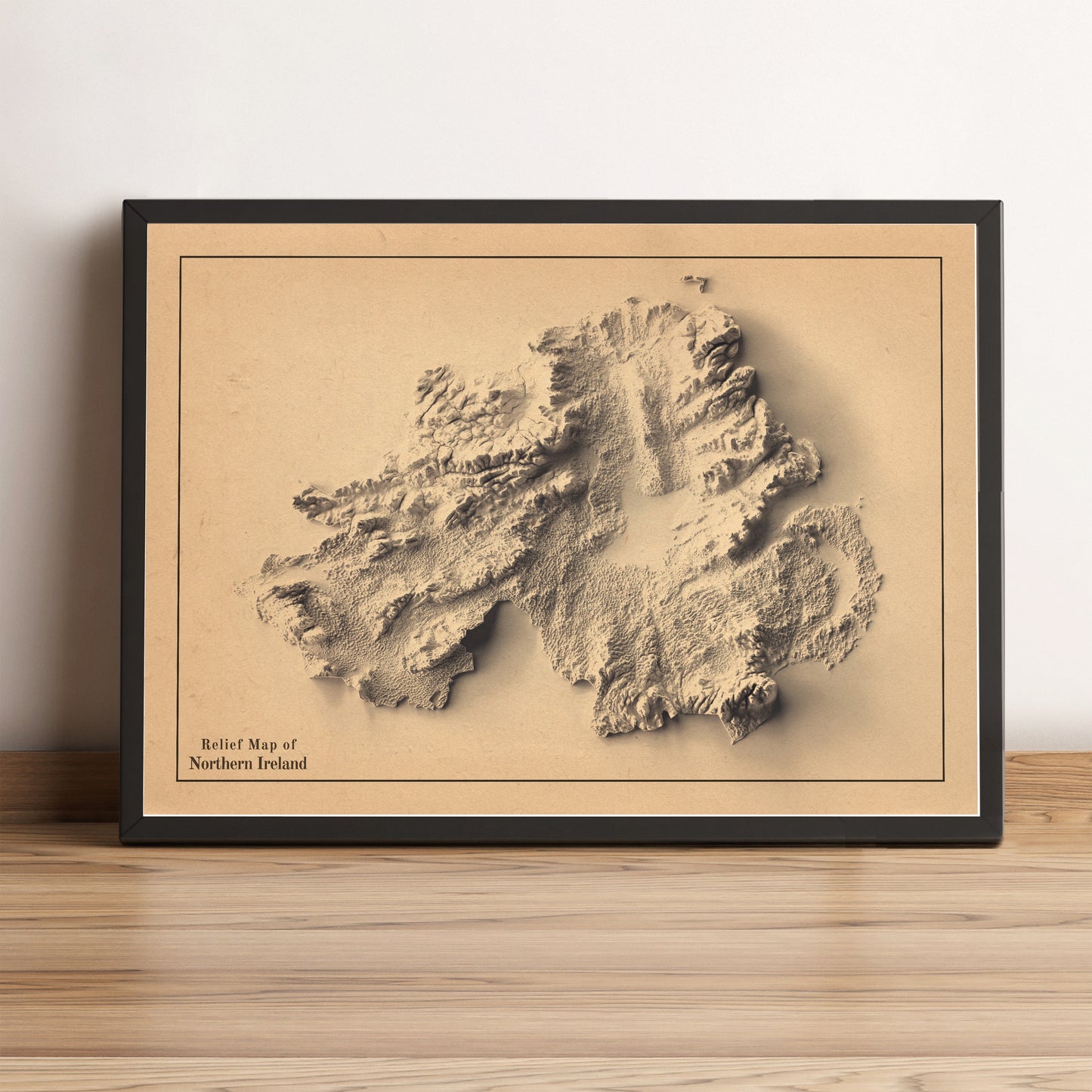 northern ireland framed shaded relief map in black frame. Artistic print highlighting mountains with a realistic terrain effect