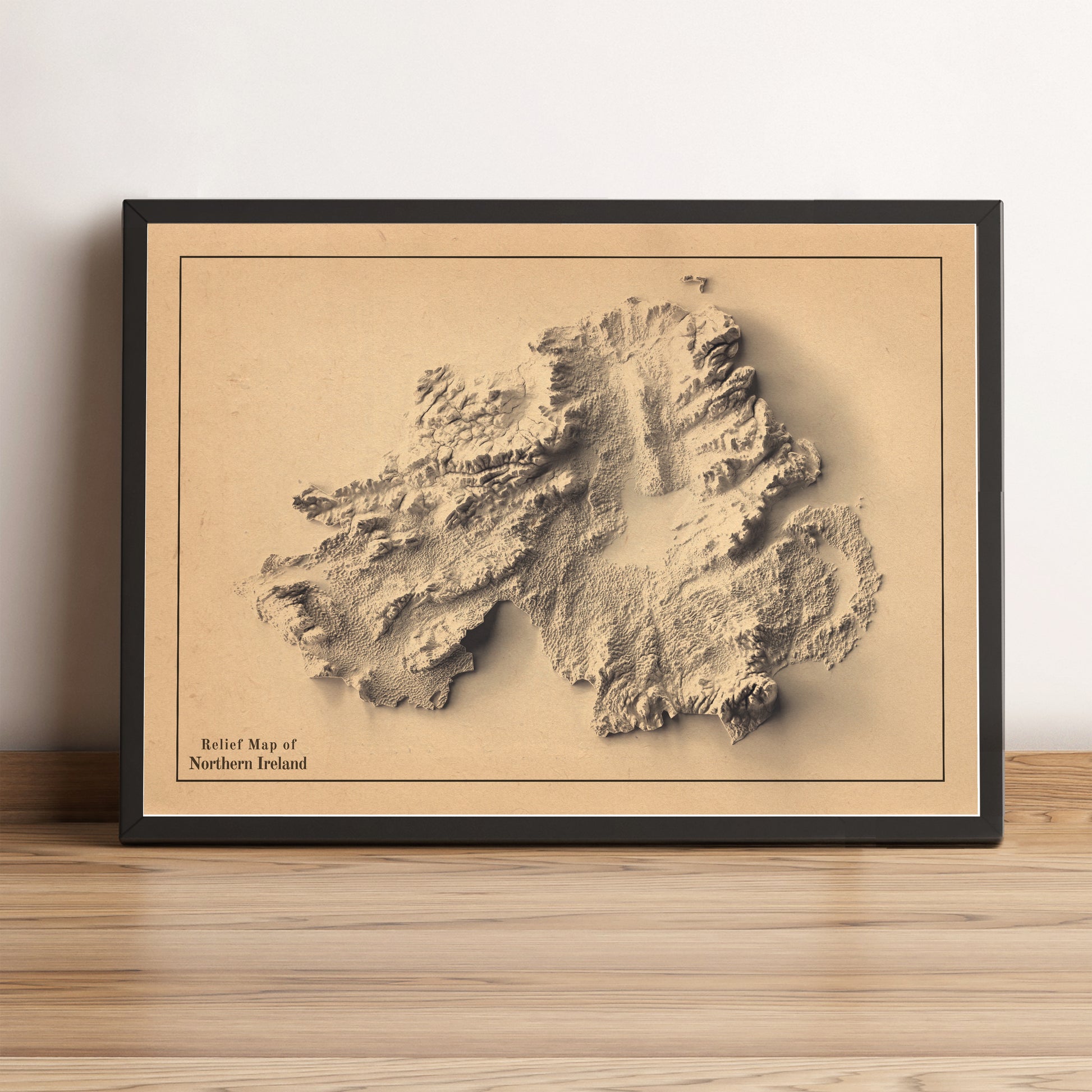 northern ireland framed shaded relief map in black frame. Artistic print highlighting mountains with a realistic terrain effect