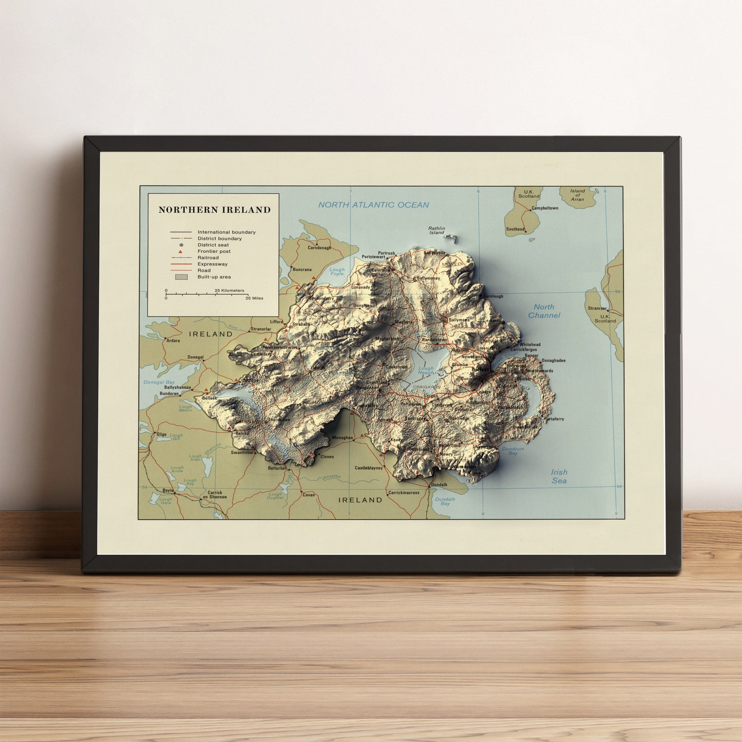 northern ireland vintage framed shaded relief map in black frame. Artistic print highlighting mountains with a realistic terrain effect