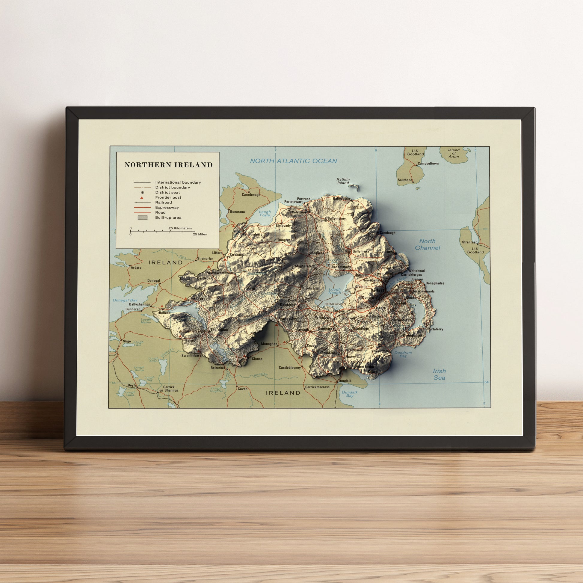 northern ireland vintage framed shaded relief map in black frame. Artistic print highlighting mountains with a realistic terrain effect