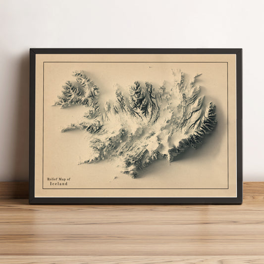 Iceland framed shaded relief map in black frame. Artistic print highlighting mountains with a realistic terrain effect