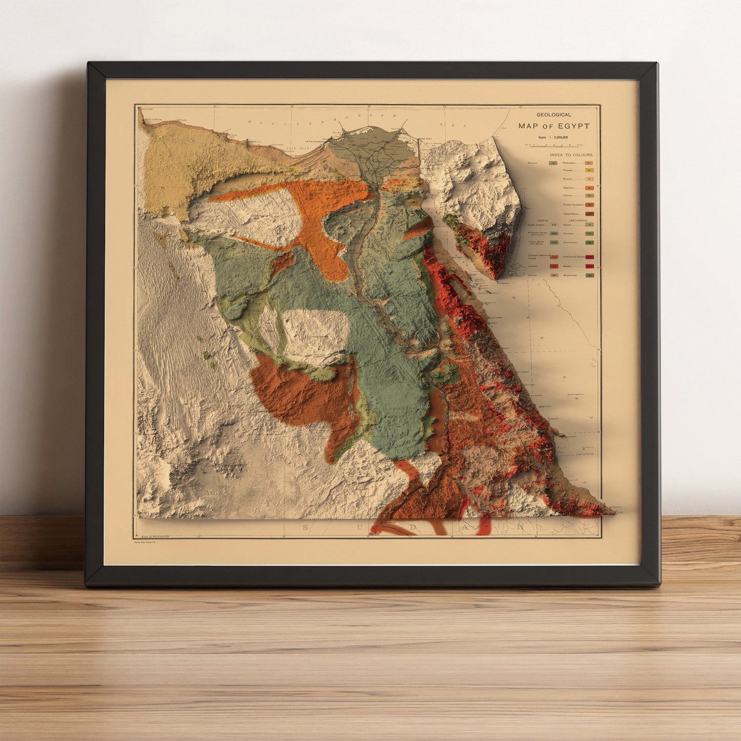 Egypt vintage framed shaded relief map in black frame. Artistic print highlighting mountains with a realistic terrain effect