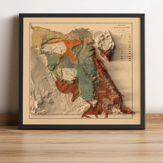 Egypt vintage framed shaded relief map in black frame. Artistic print highlighting mountains with a realistic terrain effect