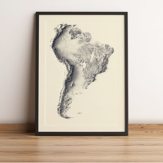 South America framed shaded relief map in black frame. Artistic print highlighting mountains with a realistic terrain effect