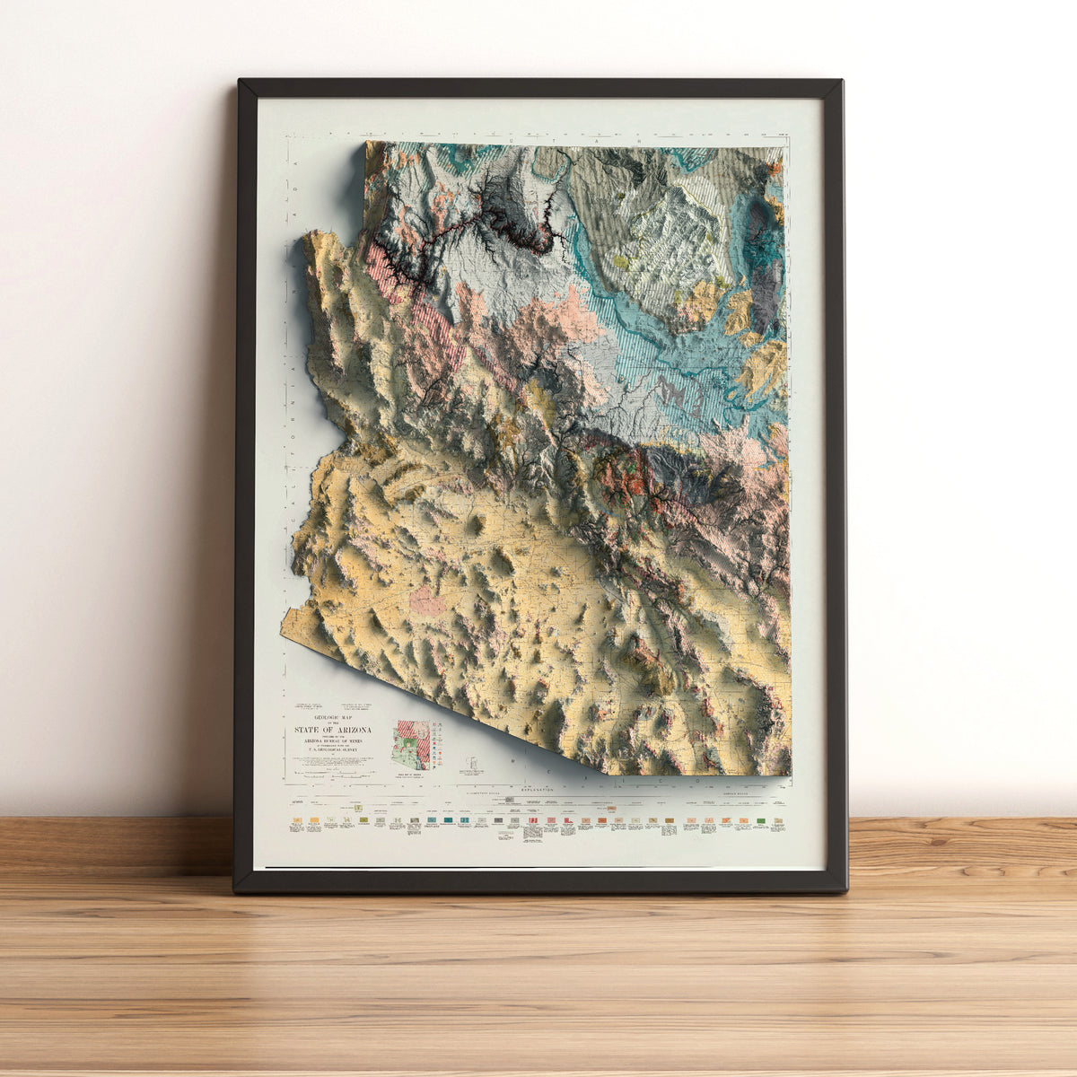 Arizona geological vintage framed shaded relief map in black frame. Artistic print highlighting mountains with a realistic terrain effect