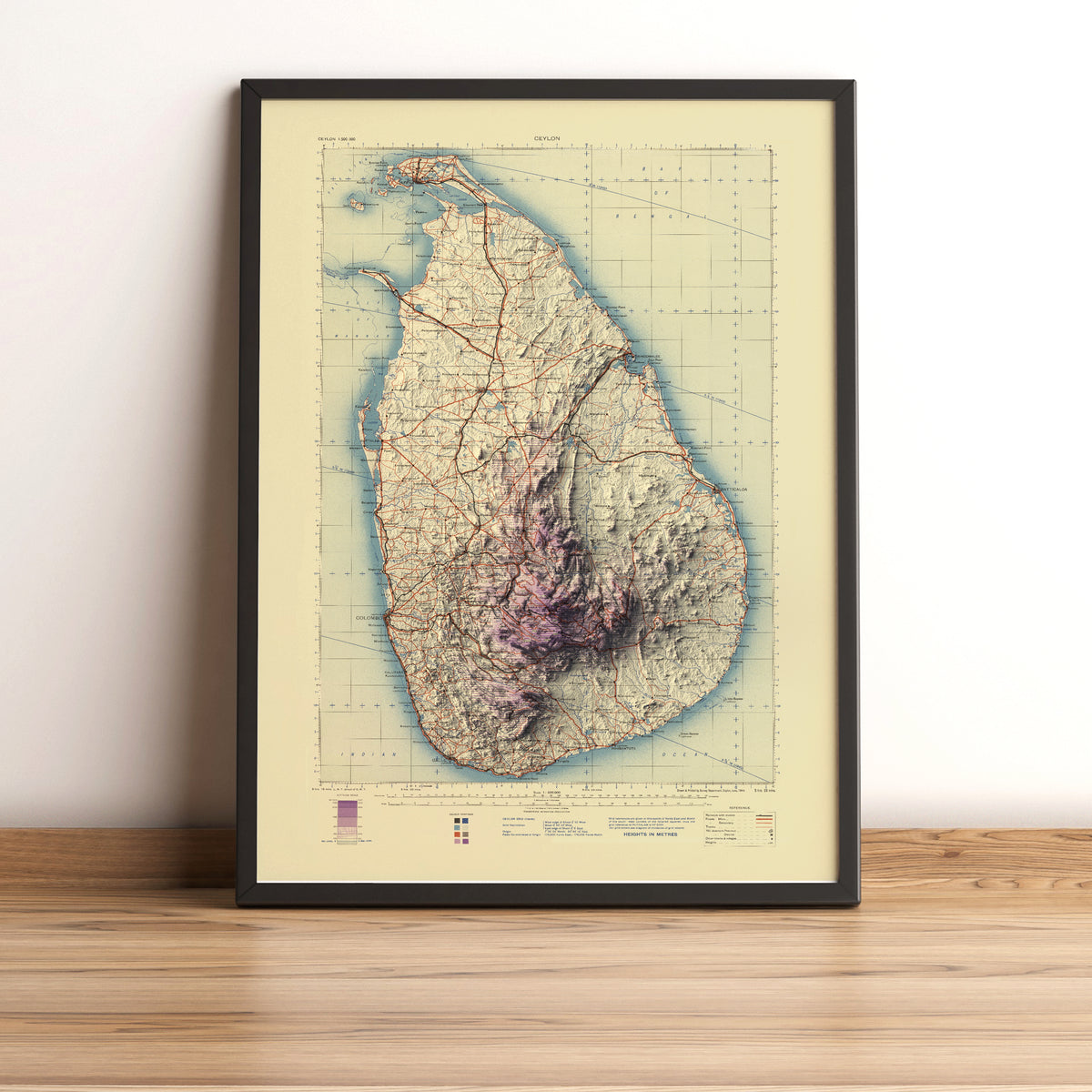 Sri Lanka vintage framed shaded relief map in black frame. Artistic print highlighting mountains with a realistic terrain effect