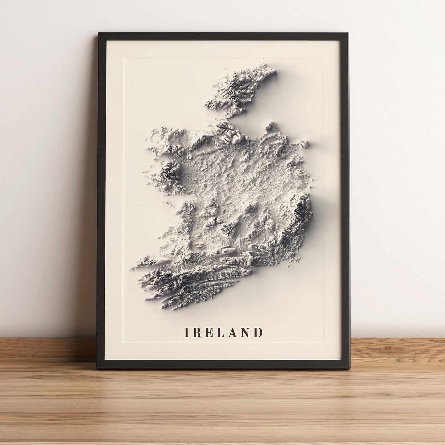Ireland framed shaded relief map in black frame. Artistic print highlighting mountains with a realistic terrain effect