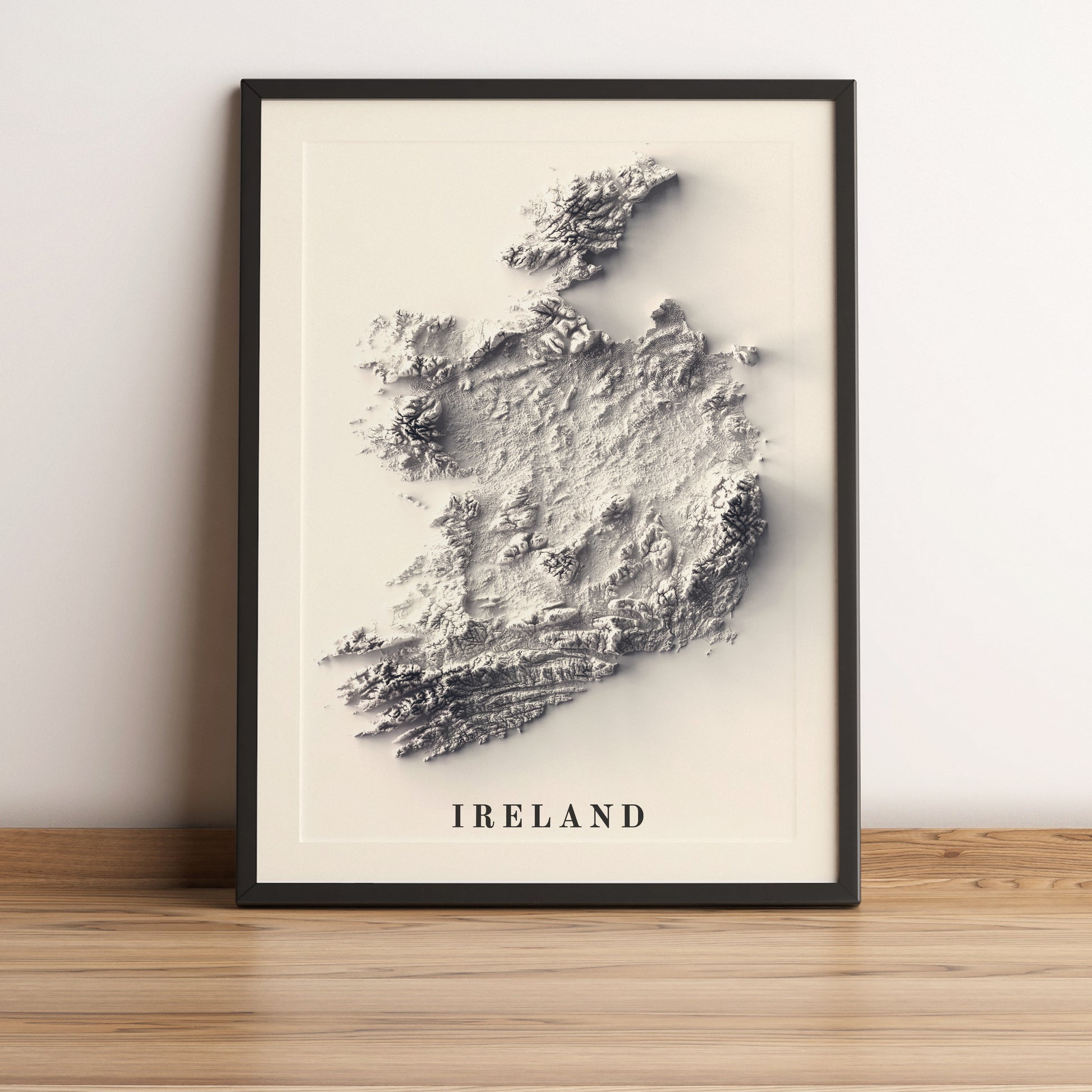 Ireland framed shaded relief map in black frame. Artistic print highlighting mountains with a realistic terrain effect