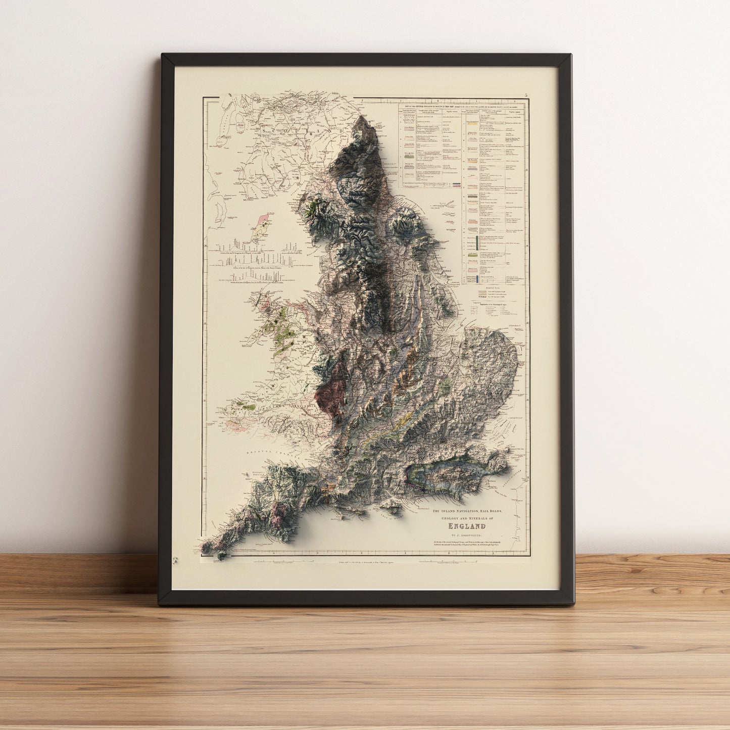 England vintage framed shaded relief map in black frame. Artistic print highlighting mountains with a realistic terrain effect