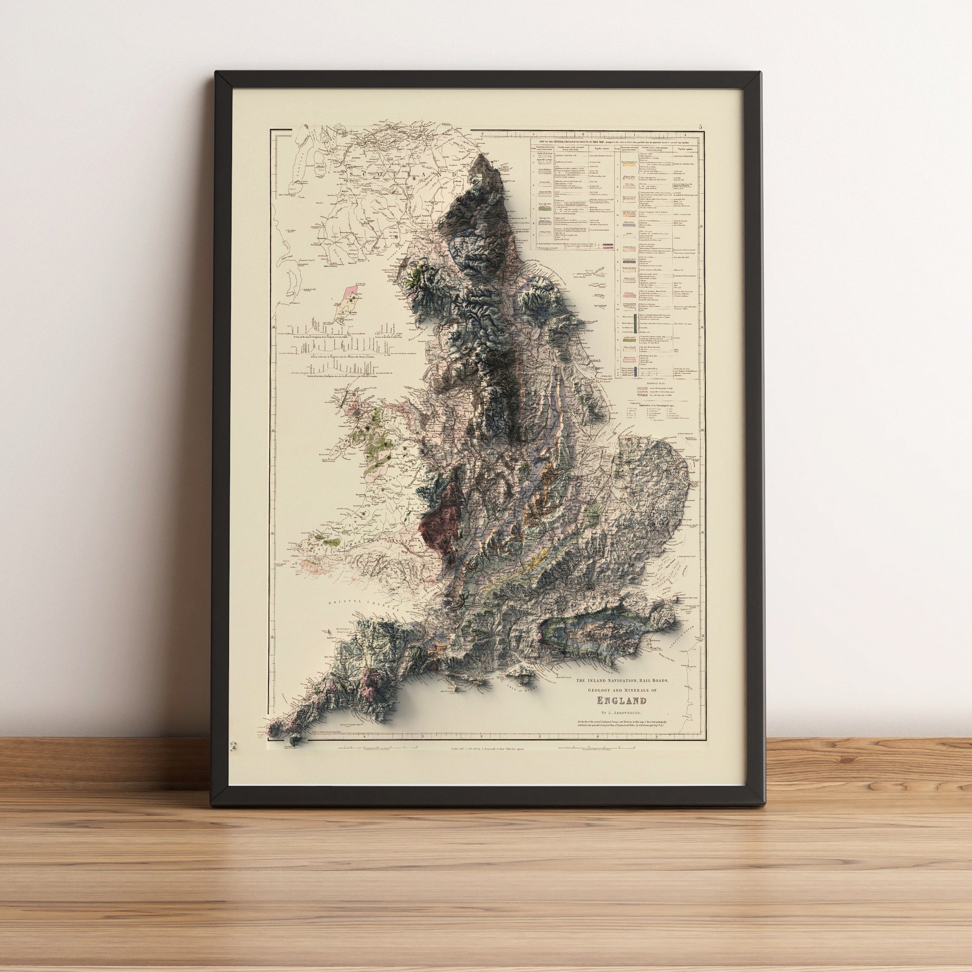England vintage framed shaded relief map in black frame. Artistic print highlighting mountains with a realistic terrain effect