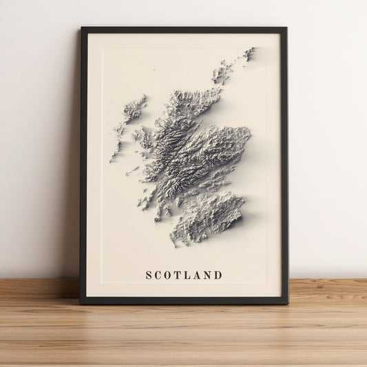 Scotland framed shaded relief map in black frame. Artistic print highlighting mountains with a realistic terrain effect