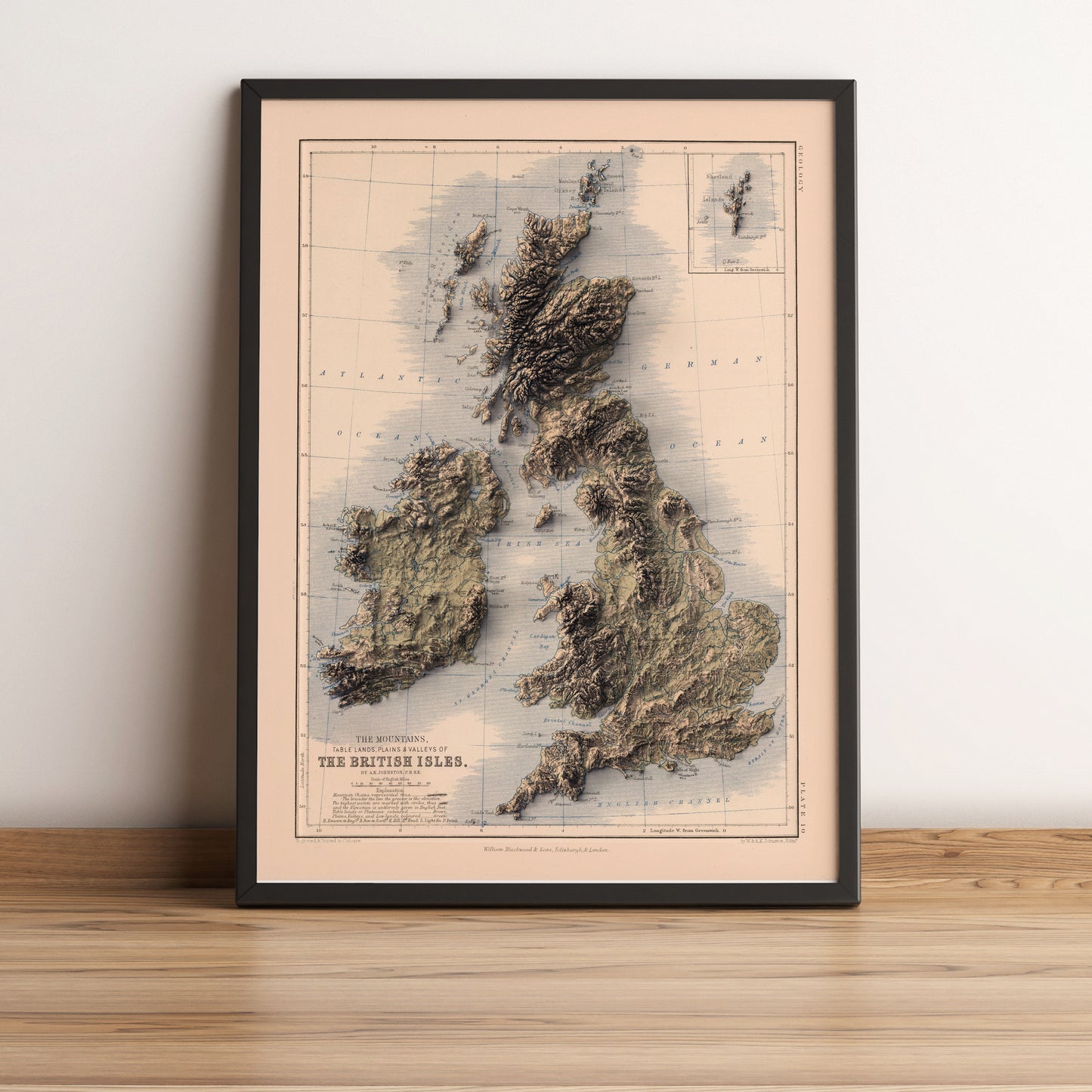 united kingdom and ireland vintage framed shaded relief map in black frame. Artistic print highlighting mountains with a realistic terrain effect