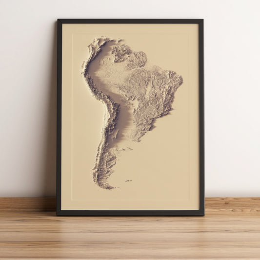South America framed shaded relief map in black frame. Artistic print highlighting mountains with a realistic terrain effect