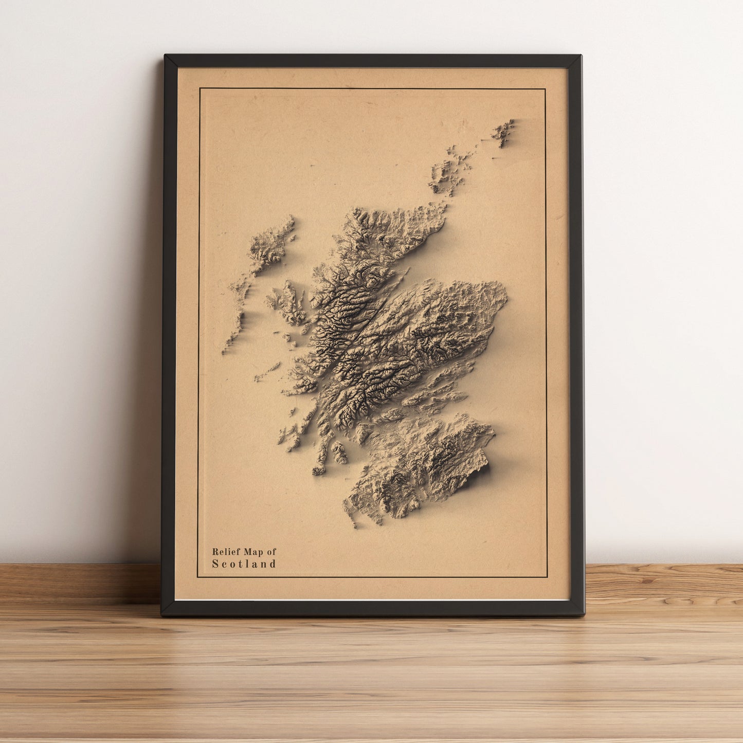 Scotland framed shaded relief map in black frame. Artistic print highlighting mountains with a realistic terrain effect