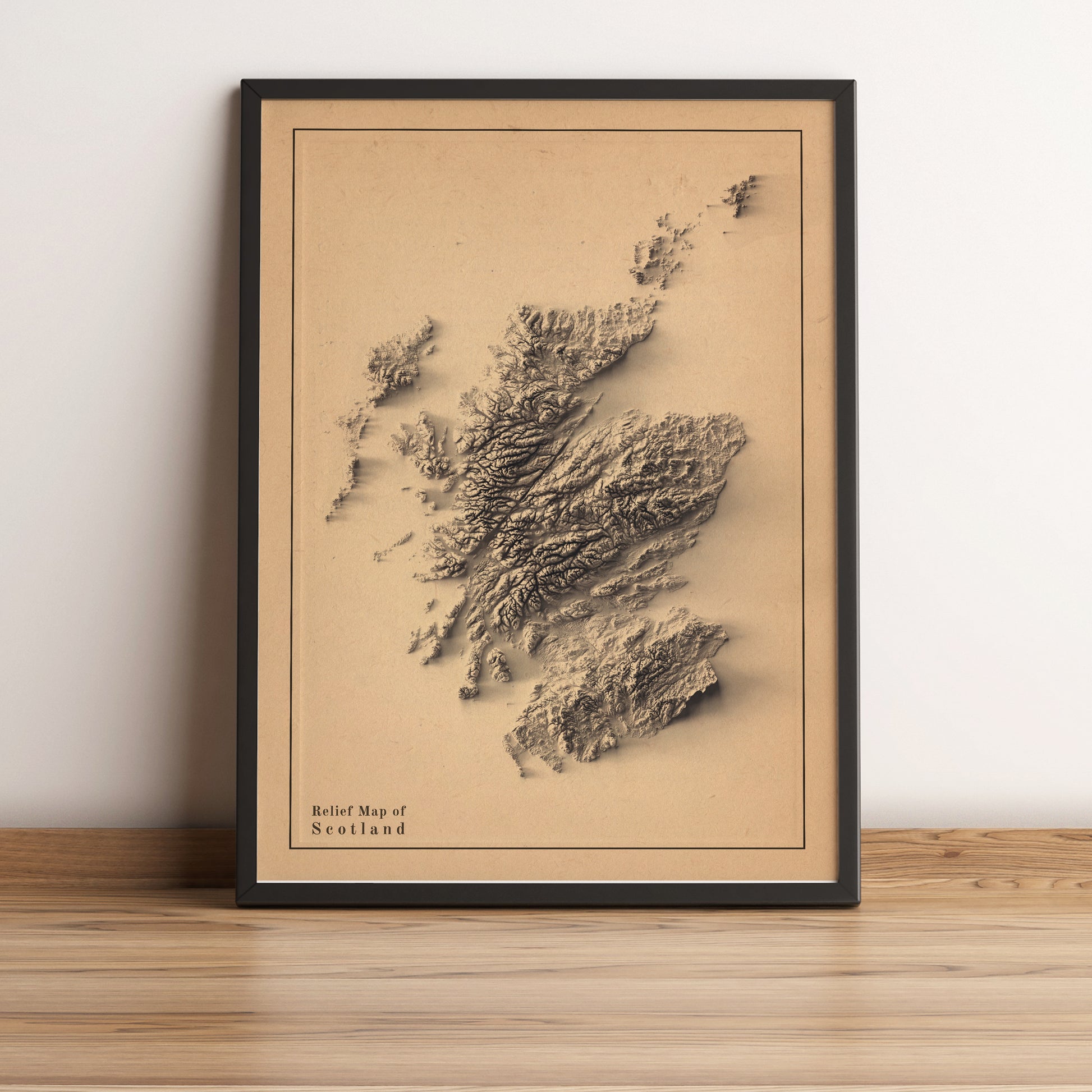 Scotland framed shaded relief map in black frame. Artistic print highlighting mountains with a realistic terrain effect