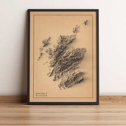 Scotland framed shaded relief map in black frame. Artistic print highlighting mountains with a realistic terrain effect