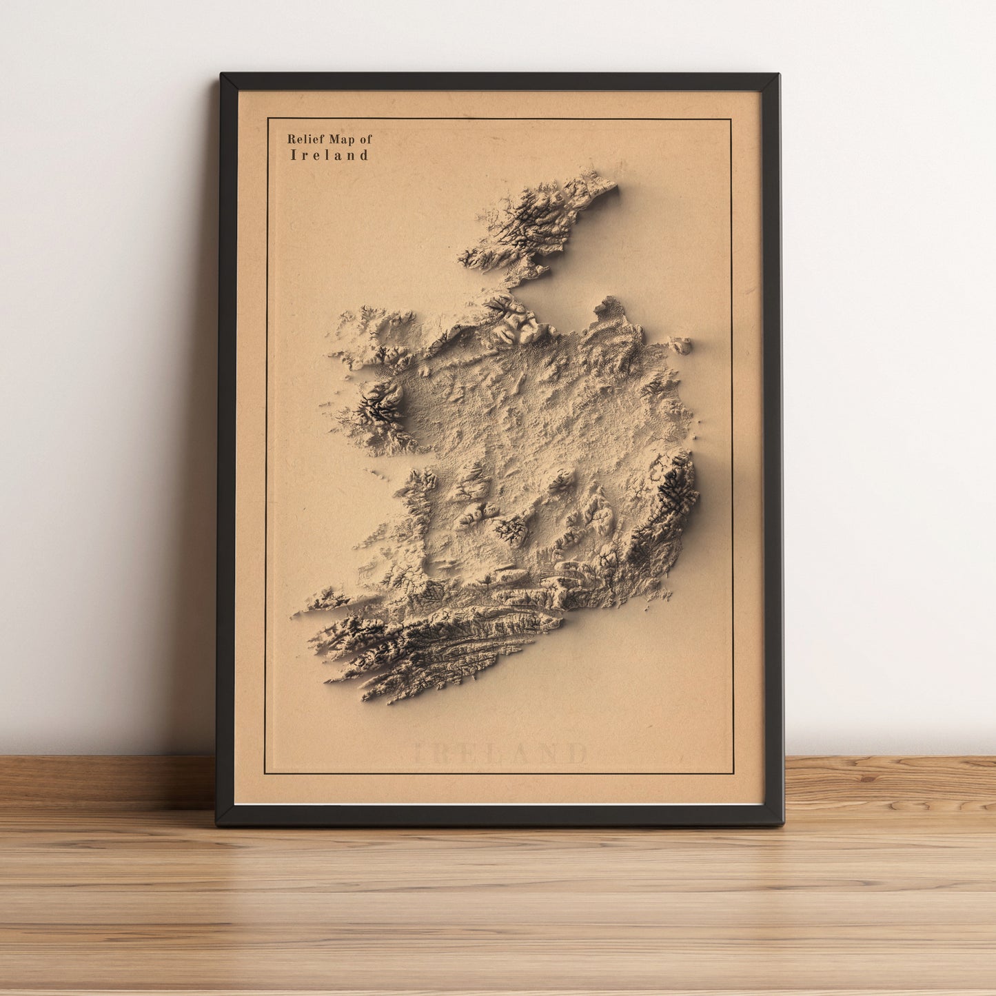 Ireland framed shaded relief map in black frame. Artistic print highlighting mountains with a realistic terrain effect