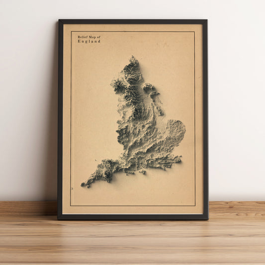 England framed shaded relief map in black frame. Artistic print highlighting mountains with a realistic terrain effect
