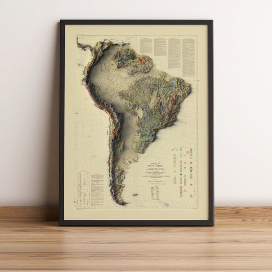 South America vintage framed shaded relief map in black frame. Artistic print highlighting mountains with a realistic terrain effect