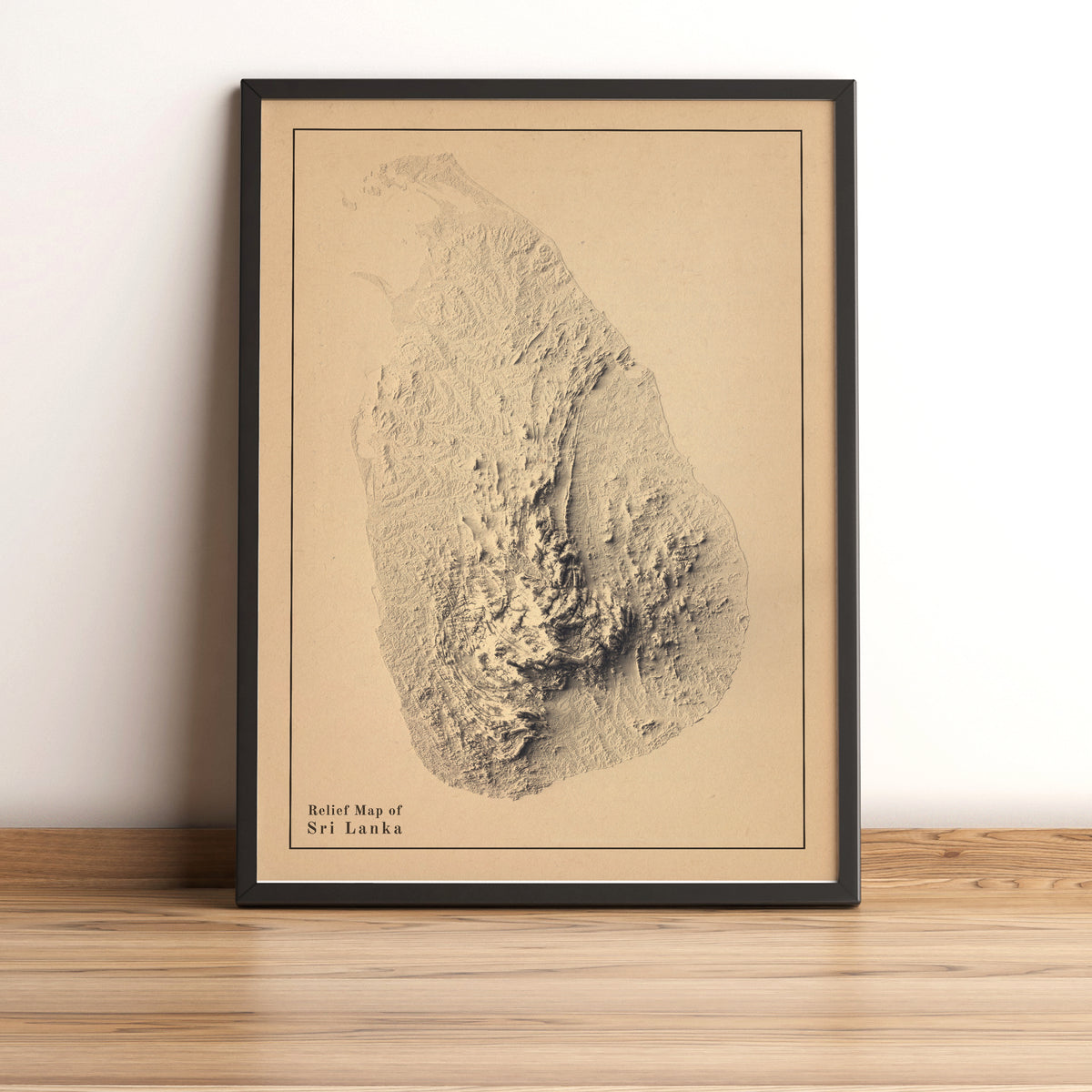 Sri Lanka vintage framed shaded relief map in black frame. Artistic print highlighting mountains with a realistic terrain effect