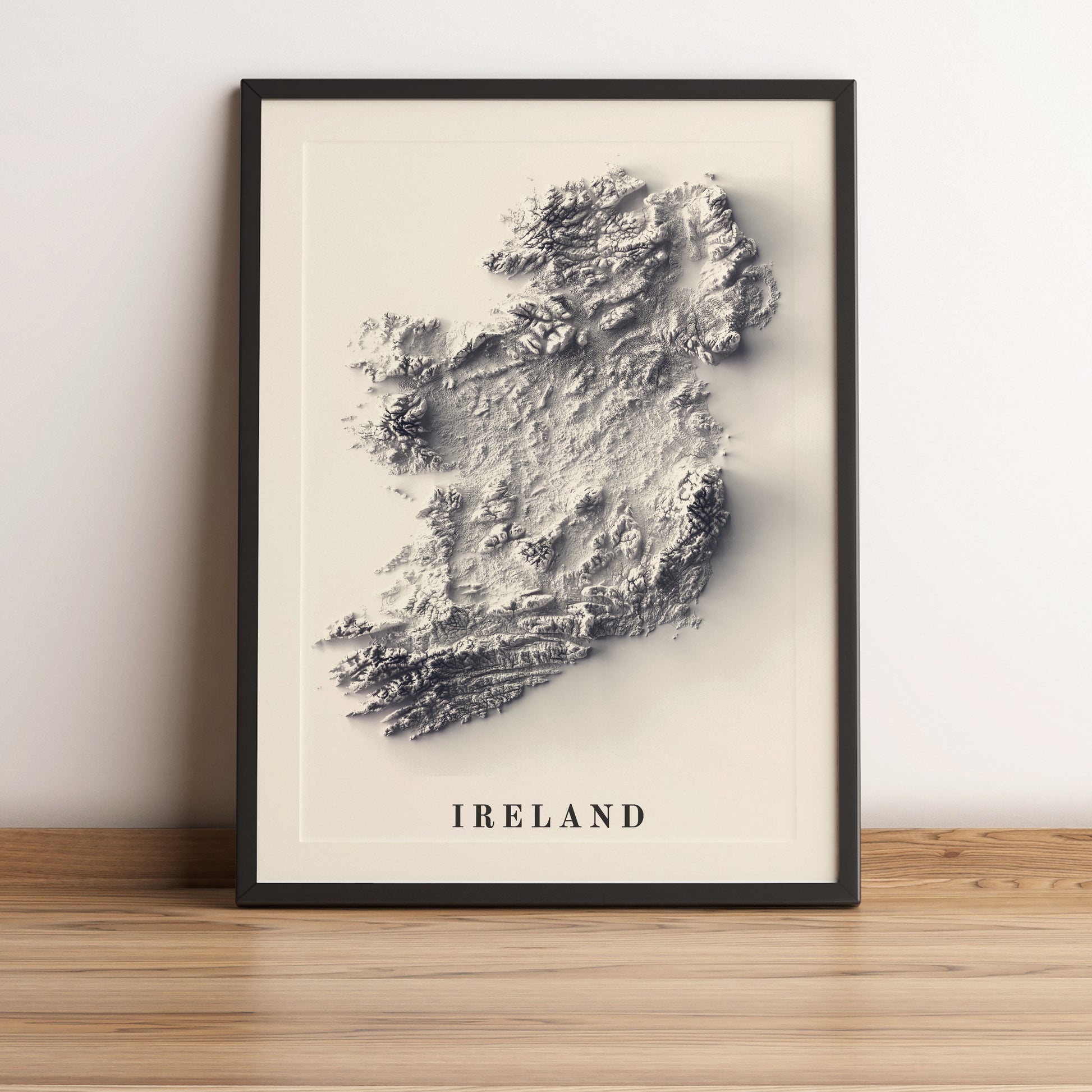 Ireland framed shaded relief map in black frame. Artistic print highlighting mountains with a realistic terrain effect