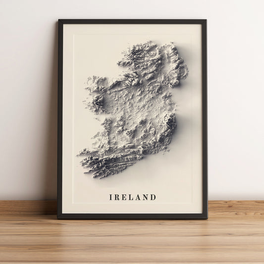 Ireland framed shaded relief map in black frame. Artistic print highlighting mountains with a realistic terrain effect