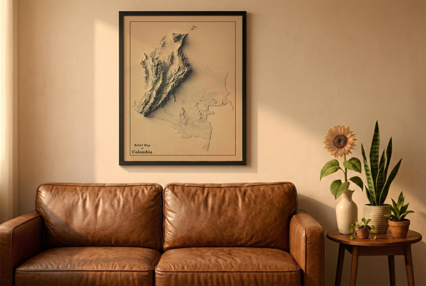 Colombia vintage relief map in a black frame above a brown leather sofa. Boho living room with warm sunlight, sunflower, and indoor plants on a wooden side table