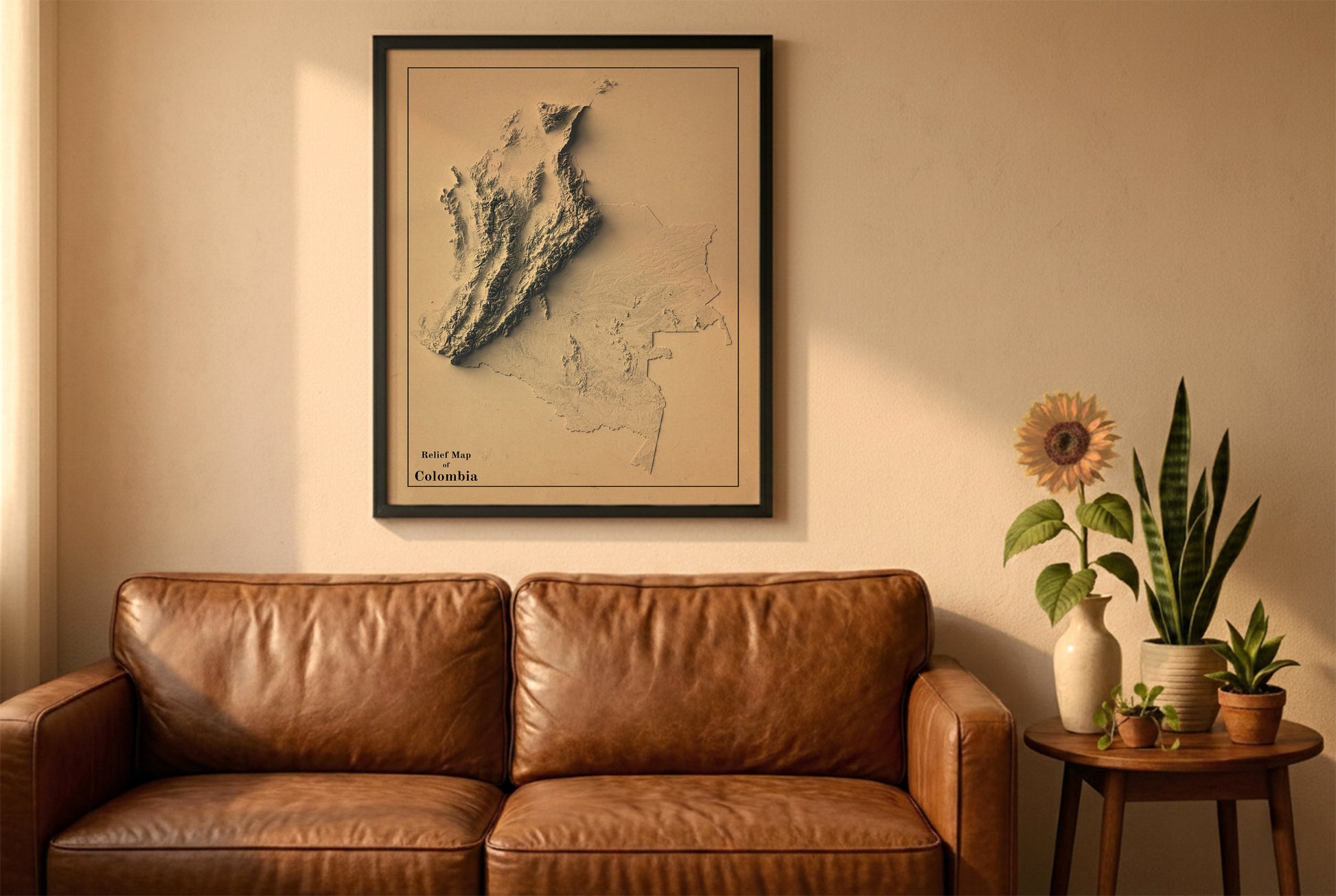 Colombia vintage relief map in a black frame above a brown leather sofa. Boho living room with warm sunlight, sunflower, and indoor plants on a wooden side table