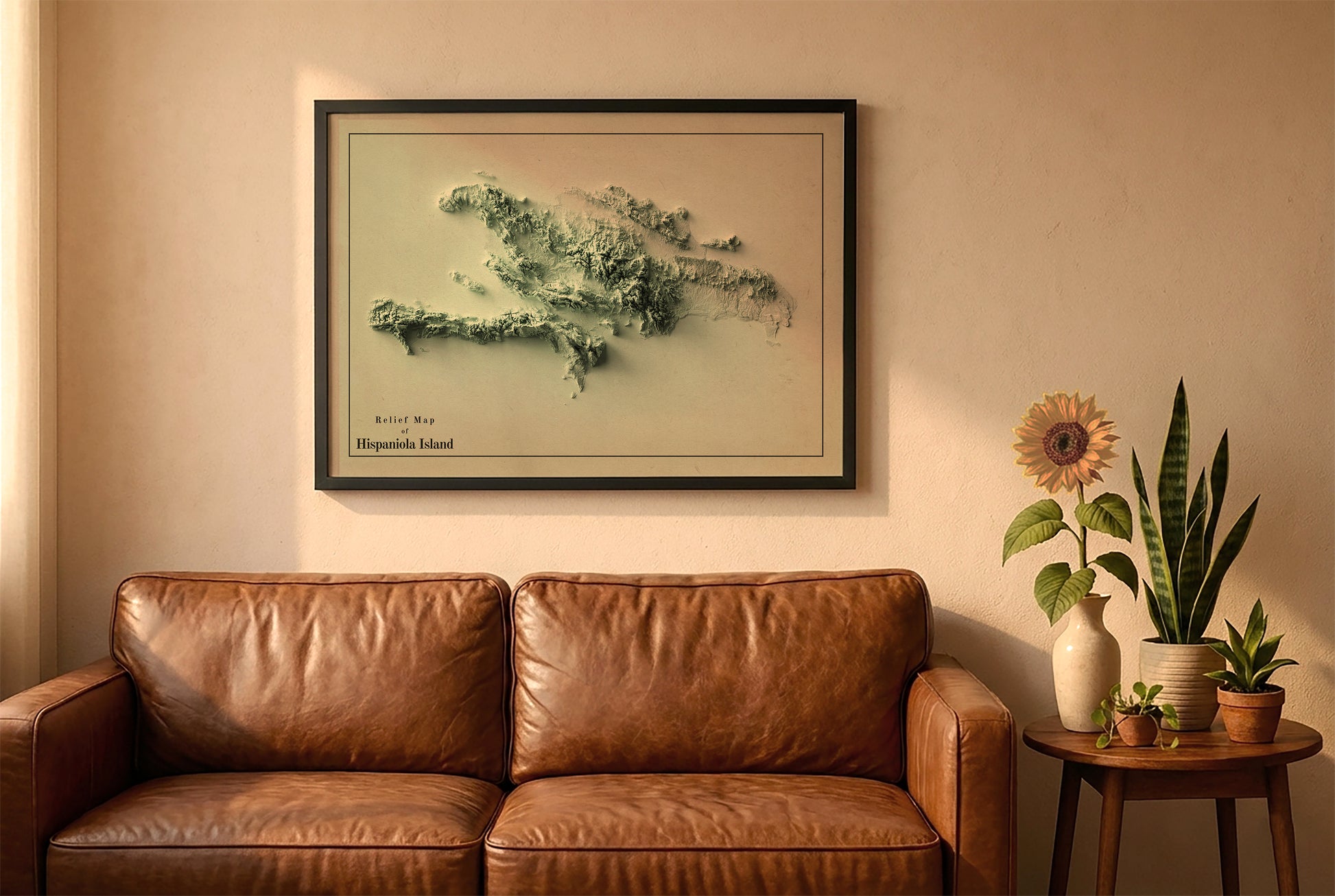Hispaniola Island vintage relief map in a black frame above a brown leather sofa. Boho living room with warm sunlight, sunflower, and indoor plants on a wooden side table