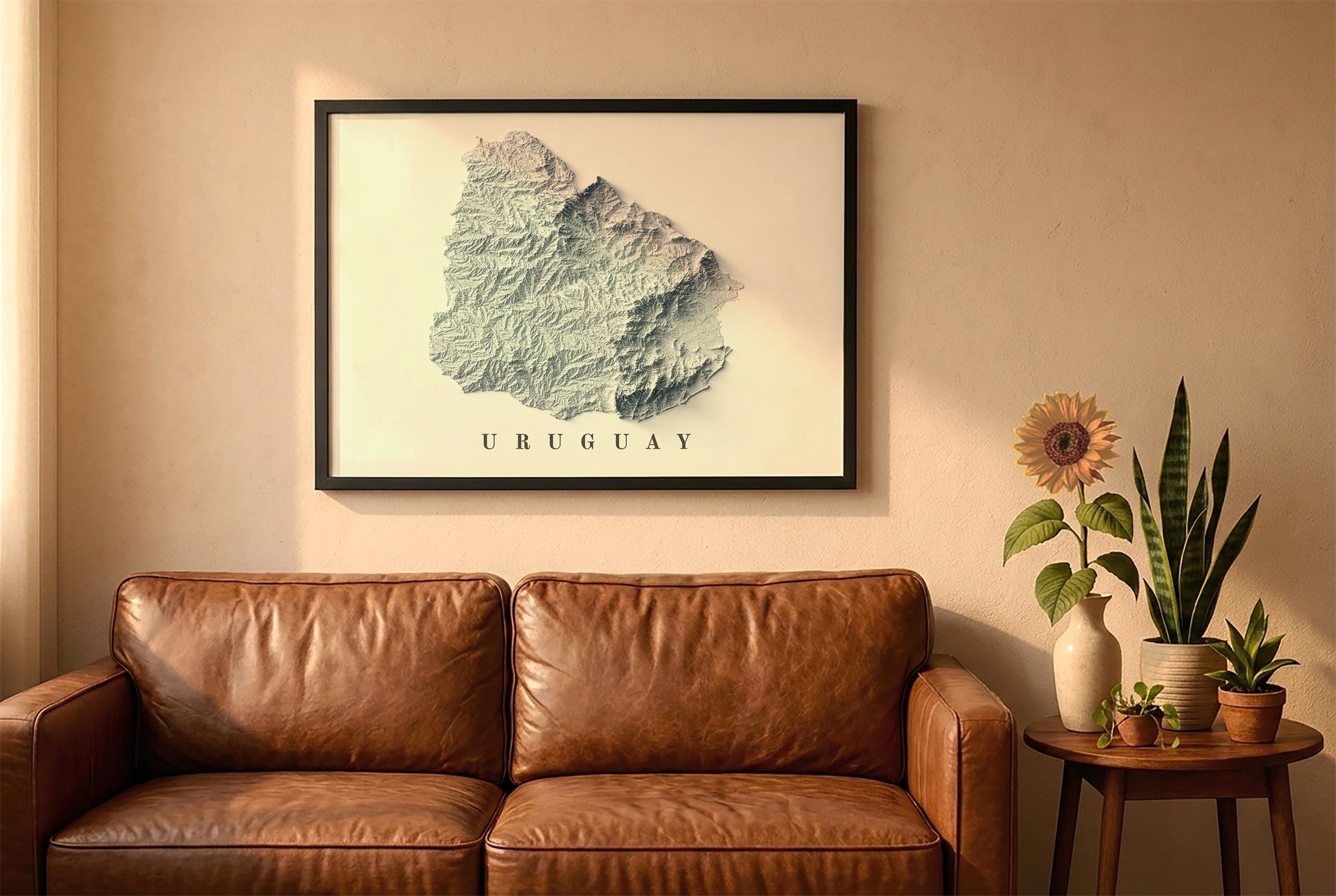 Uruguay relief map in a black frame above a brown leather sofa. Boho living room with warm sunlight, sunflower, and indoor plants on a wooden side table