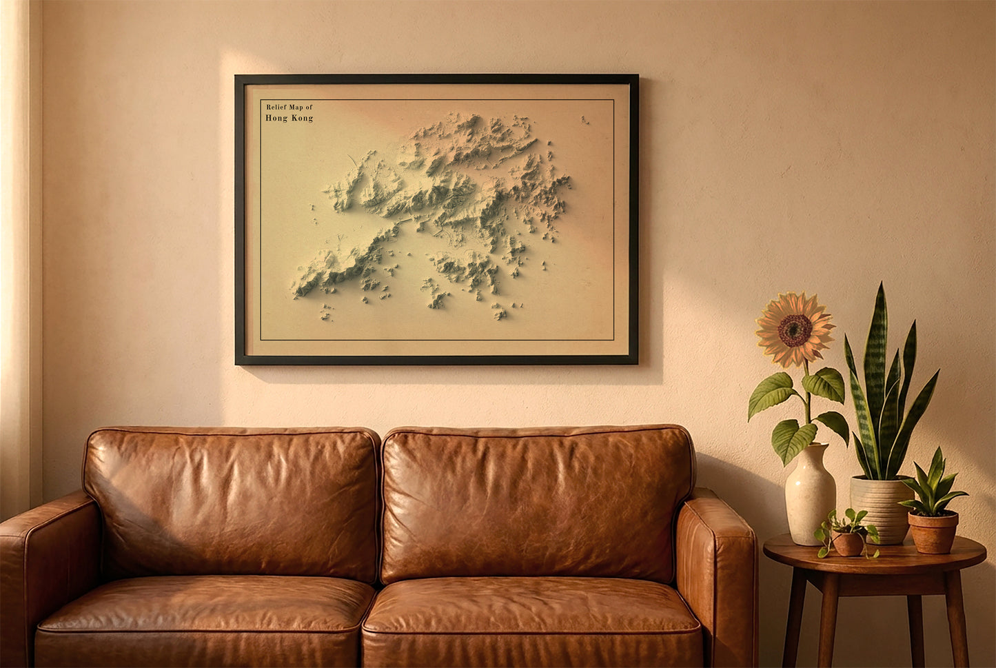 Hong Kong vintage relief map in a black frame above a brown leather sofa. Boho living room with warm sunlight, sunflower, and indoor plants on a wooden side table