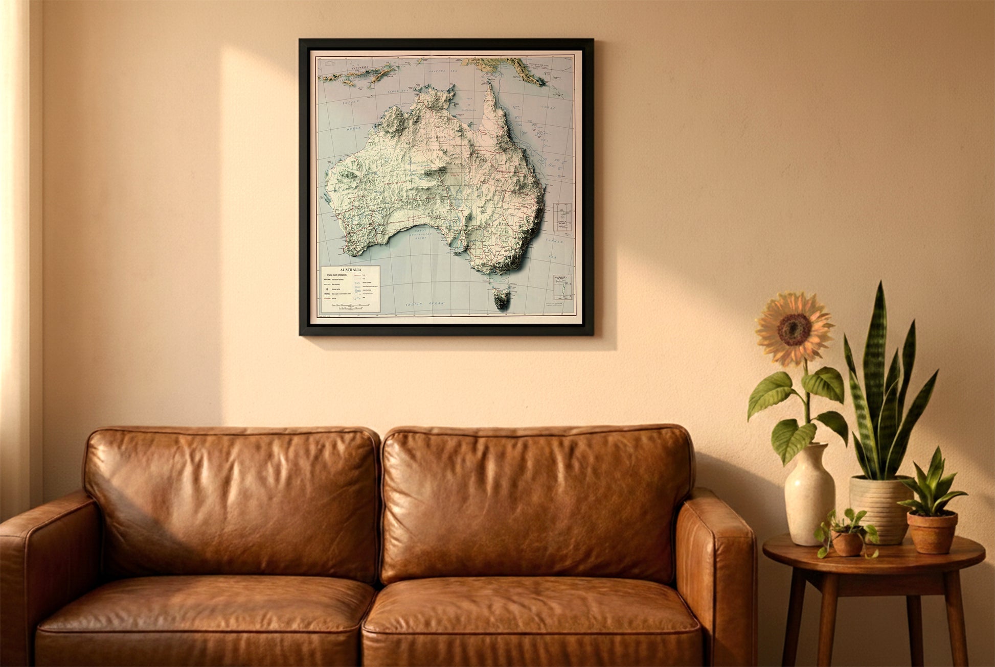 Australia vintage relief map in a black frame above a brown leather sofa. Boho living room with warm sunlight, sunflower, and indoor plants on a wooden side table