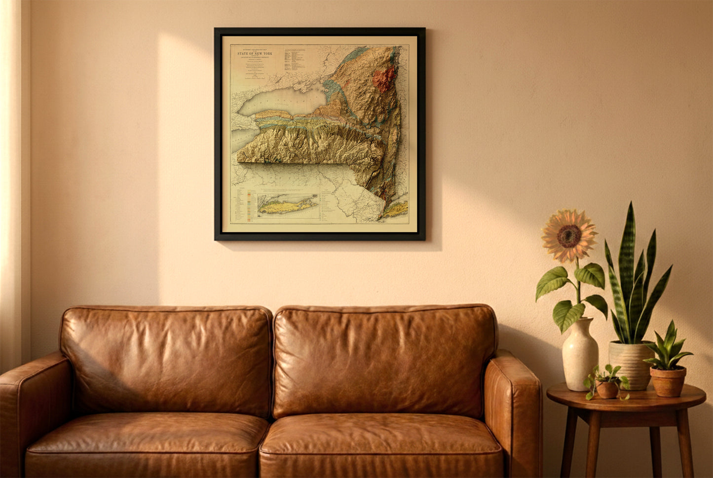 New York state vintage relief map in a black frame above a brown leather sofa. Boho living room with warm sunlight, sunflower, and indoor plants on a wooden side table