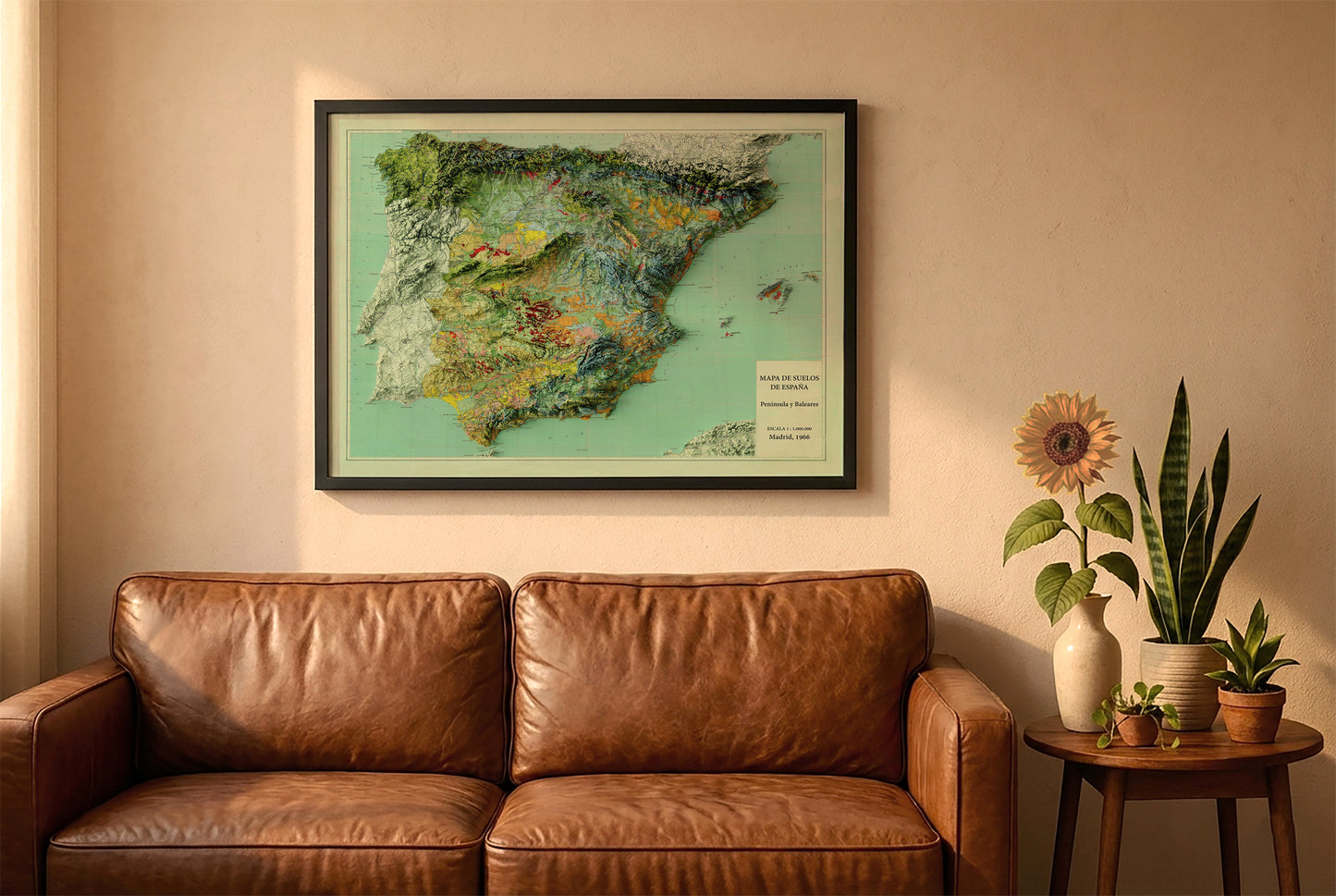 Spain vintage relief map in a black frame above a brown leather sofa. Boho living room with warm sunlight, sunflower, and indoor plants on a wooden side table