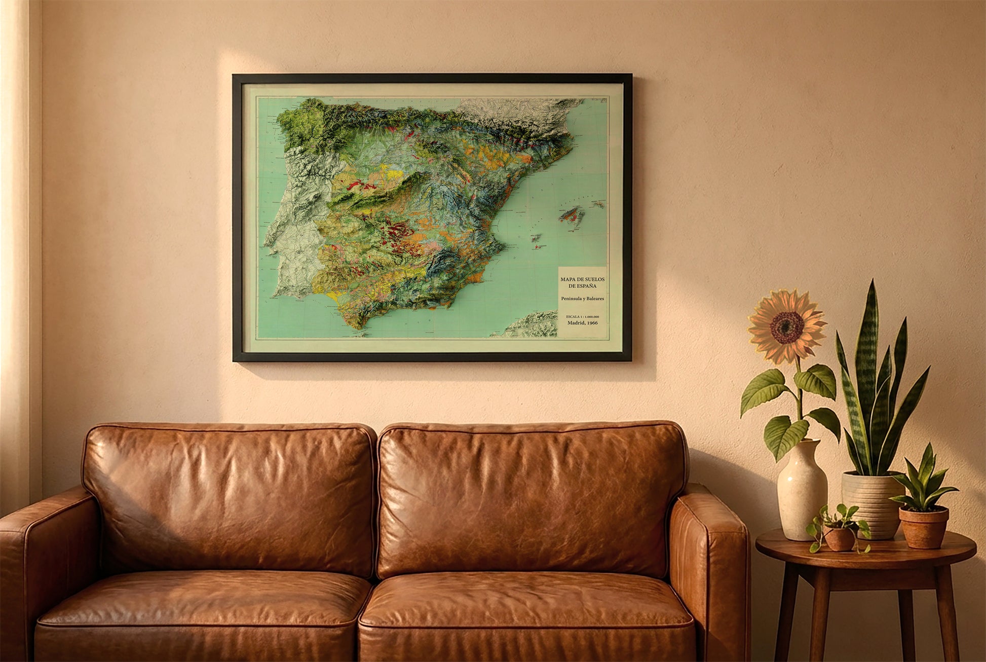 Spain vintage relief map in a black frame above a brown leather sofa. Boho living room with warm sunlight, sunflower, and indoor plants on a wooden side table