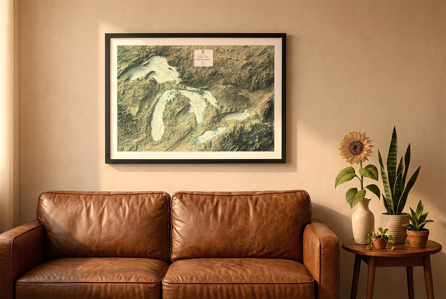 Great Lakes vintage relief map in a black frame above a brown leather sofa. Boho living room with warm sunlight, sunflower, and indoor plants on a wooden side table