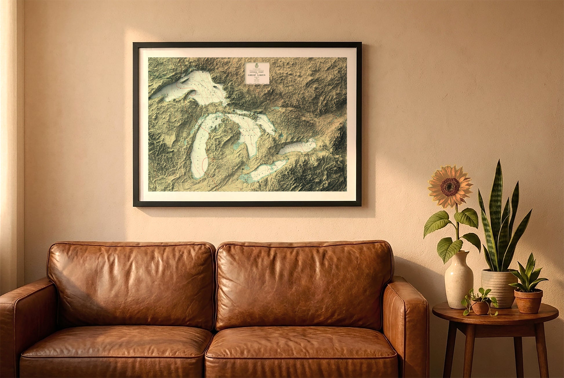 Great Lakes vintage relief map in a black frame above a brown leather sofa. Boho living room with warm sunlight, sunflower, and indoor plants on a wooden side table